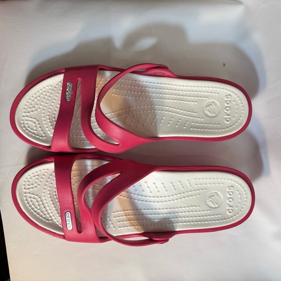 CROCS Sz 9 Straps Slip On Wedge Pink Sandals Slides - Picture 2 of 11